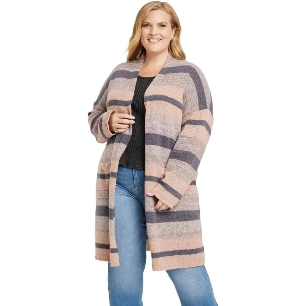 NWT Knox Rose Cardigan Long Open Front Boho Stripe Gray Brown Size Medium